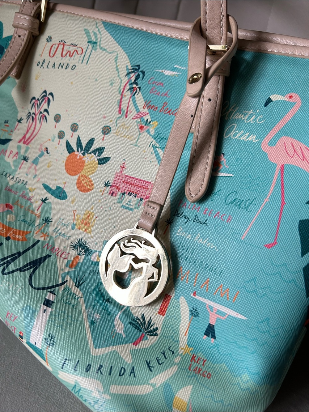 Spartina 449 Teal and Pink Florida Map Tote with Cream Handles - Picture 12 of 16